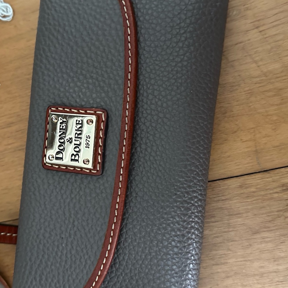 Dooney & Bourke Charcoal Wallet with Brown Trim. Dark Taupe.